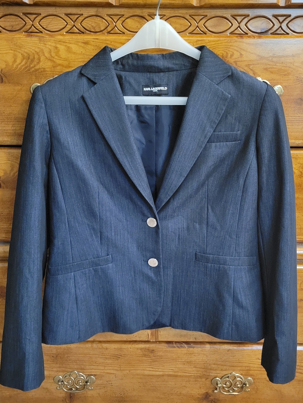 Karl Lagerfeld Women's Dark Grey Blazer with Silver Buttons Women's Large